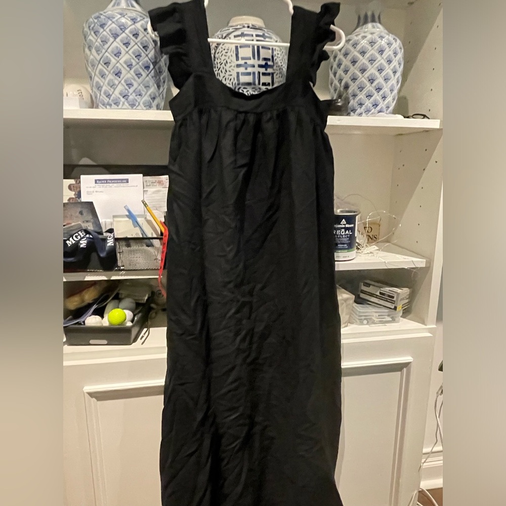 Black Linen Dress with Ruffle Straps